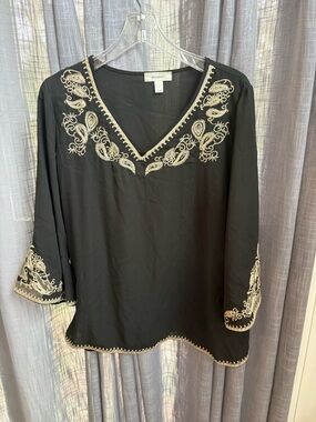 Elegant Black boho glam Gold Paisley Embroidery Flared Sleeves peasant top L